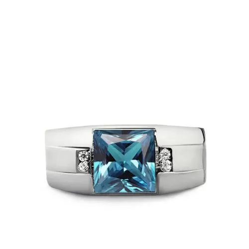 10K White Gold Aquamarine and 4 Diamonds Ring For Man