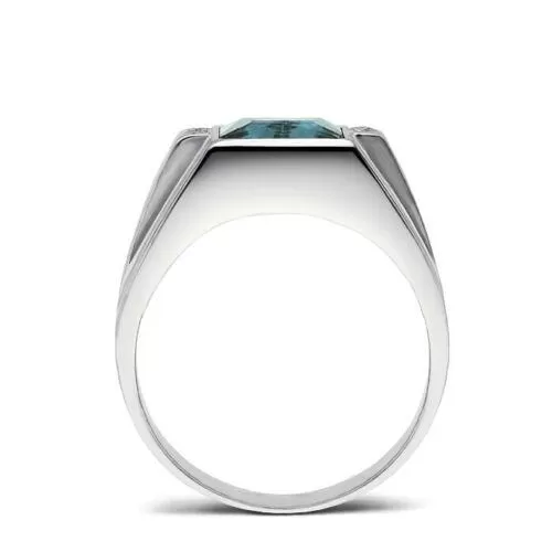 10K White Gold Aquamarine and 4 Diamonds Ring For Man