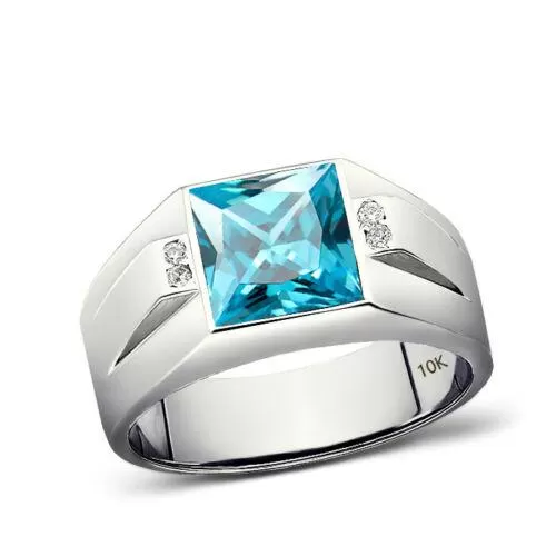 10K White Gold Aquamarine and 4 Diamonds Ring For Man