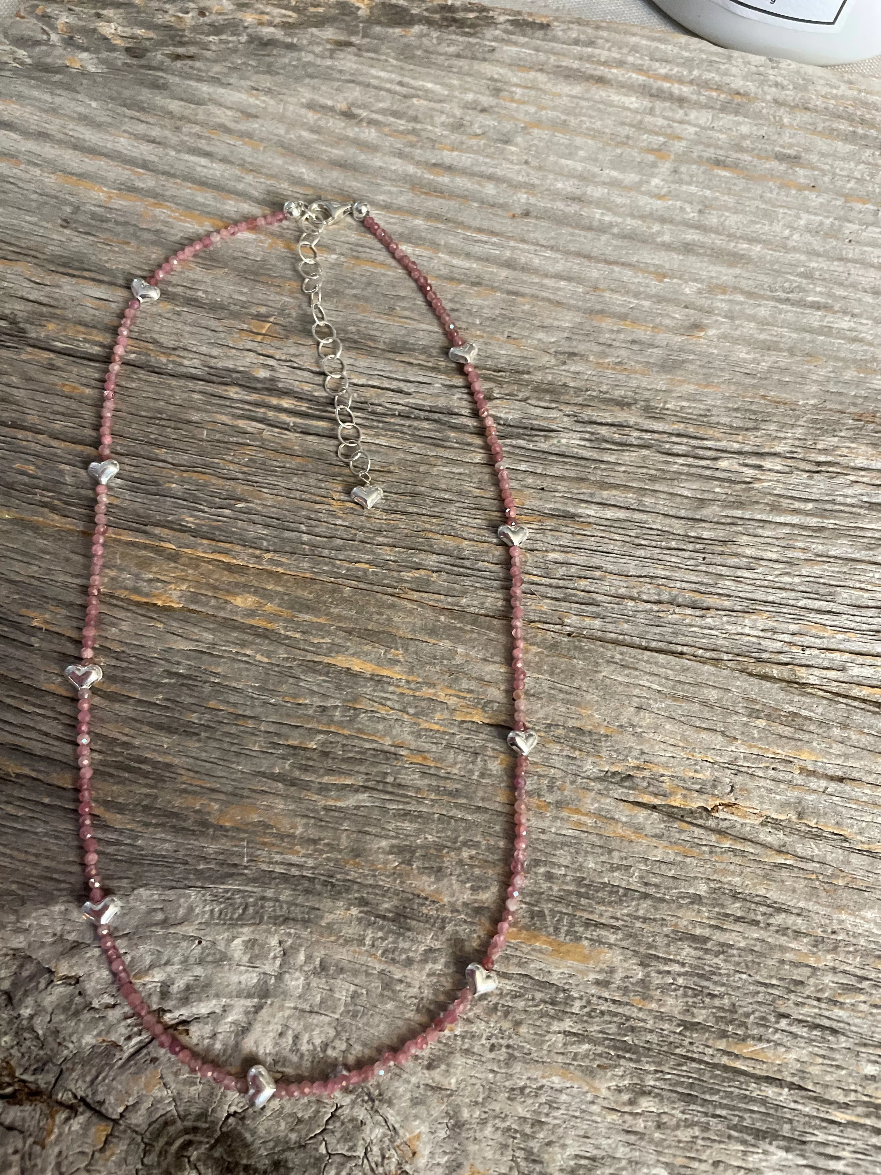 16" tourmaline pink semi precious necklace with sterling silver hearts