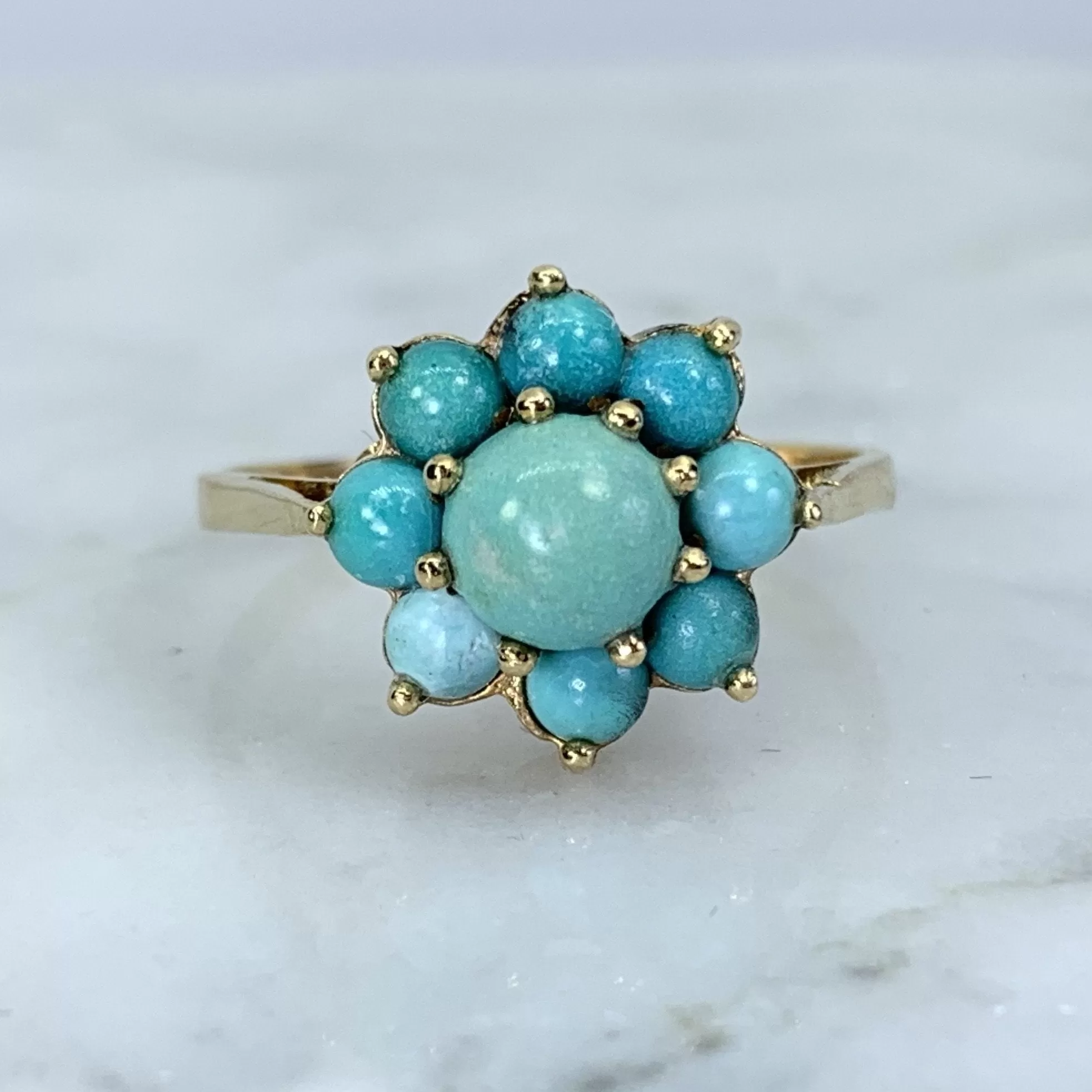 1970s Turquoise Ring in Yellow Gold. Boho Cluster Flower. Estate Jewelry. December Birthstone.