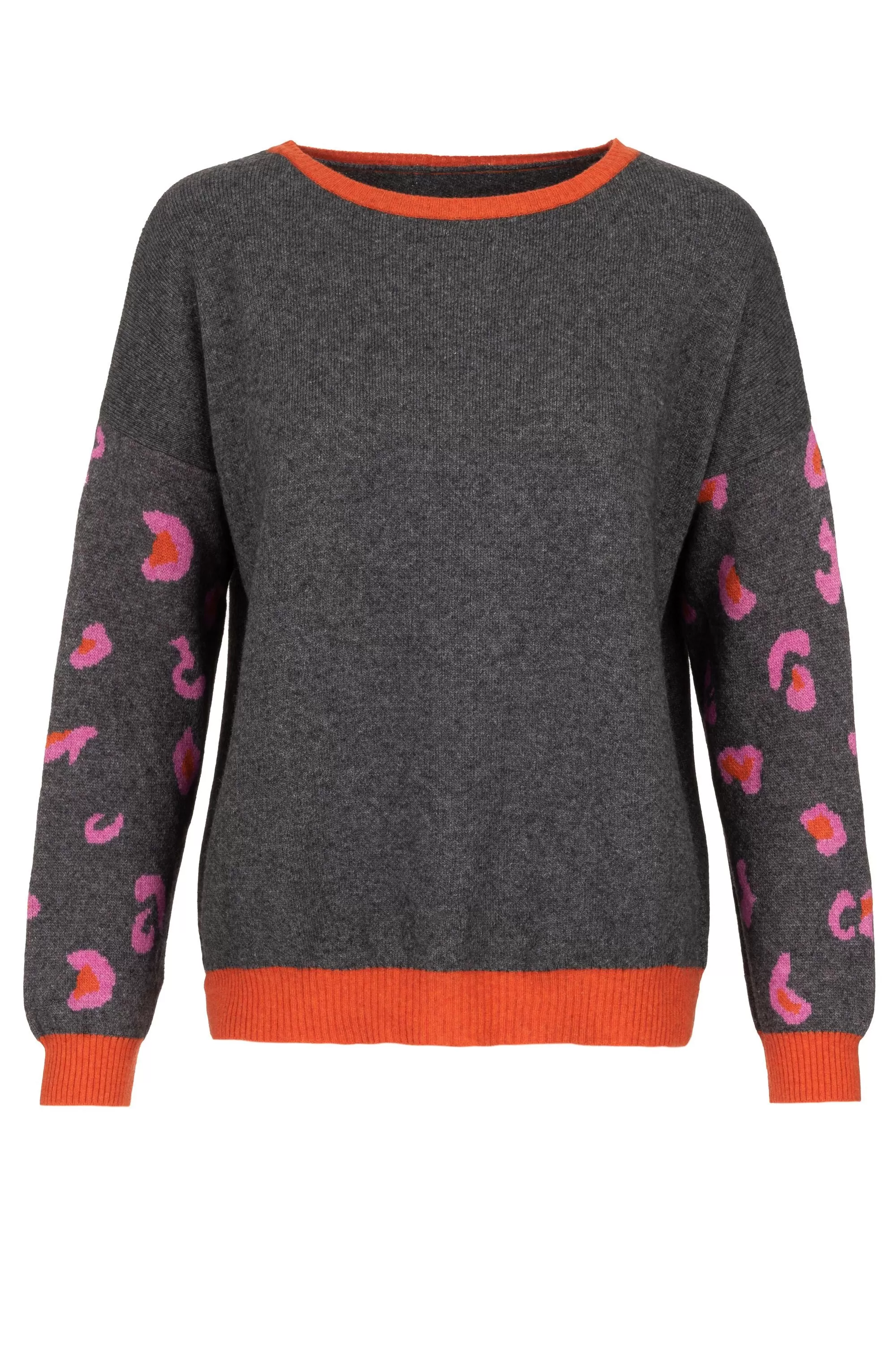 4 Ply Cashmere Mix Sweatshirt in Charcoal & Orange Leopard