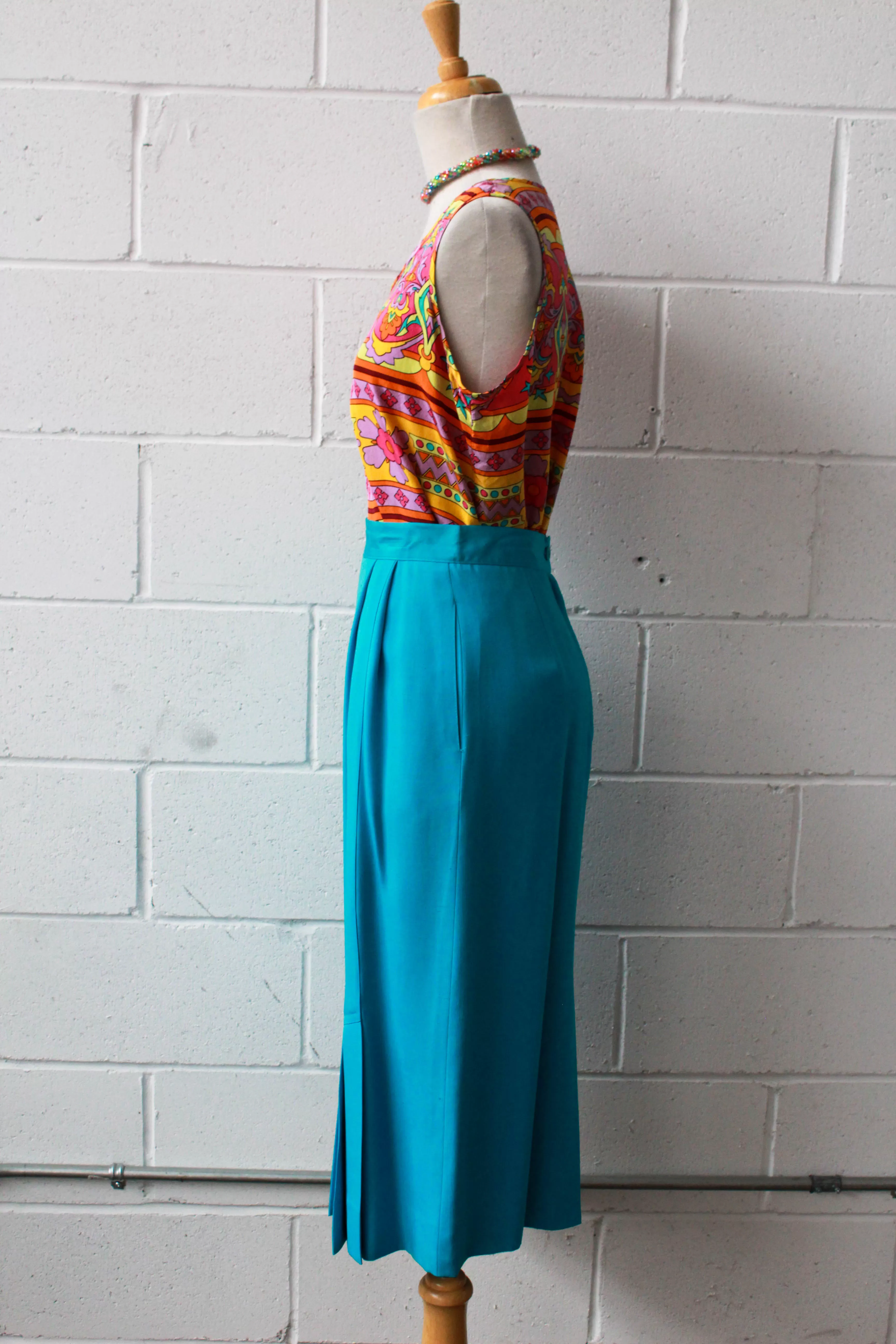 80s Turquoise Blue Midi Skirt, Waist 26"