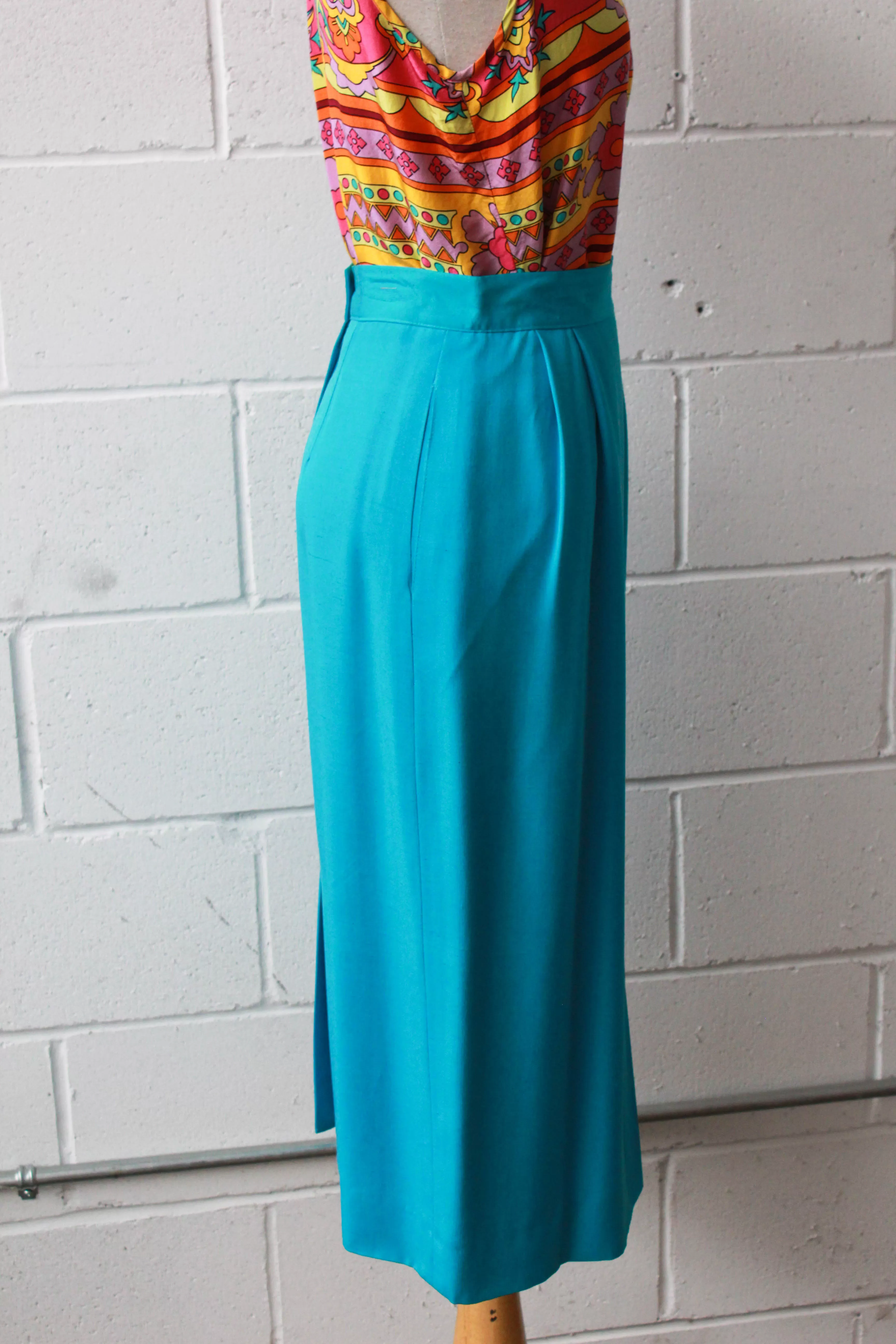 80s Turquoise Blue Midi Skirt, Waist 26"