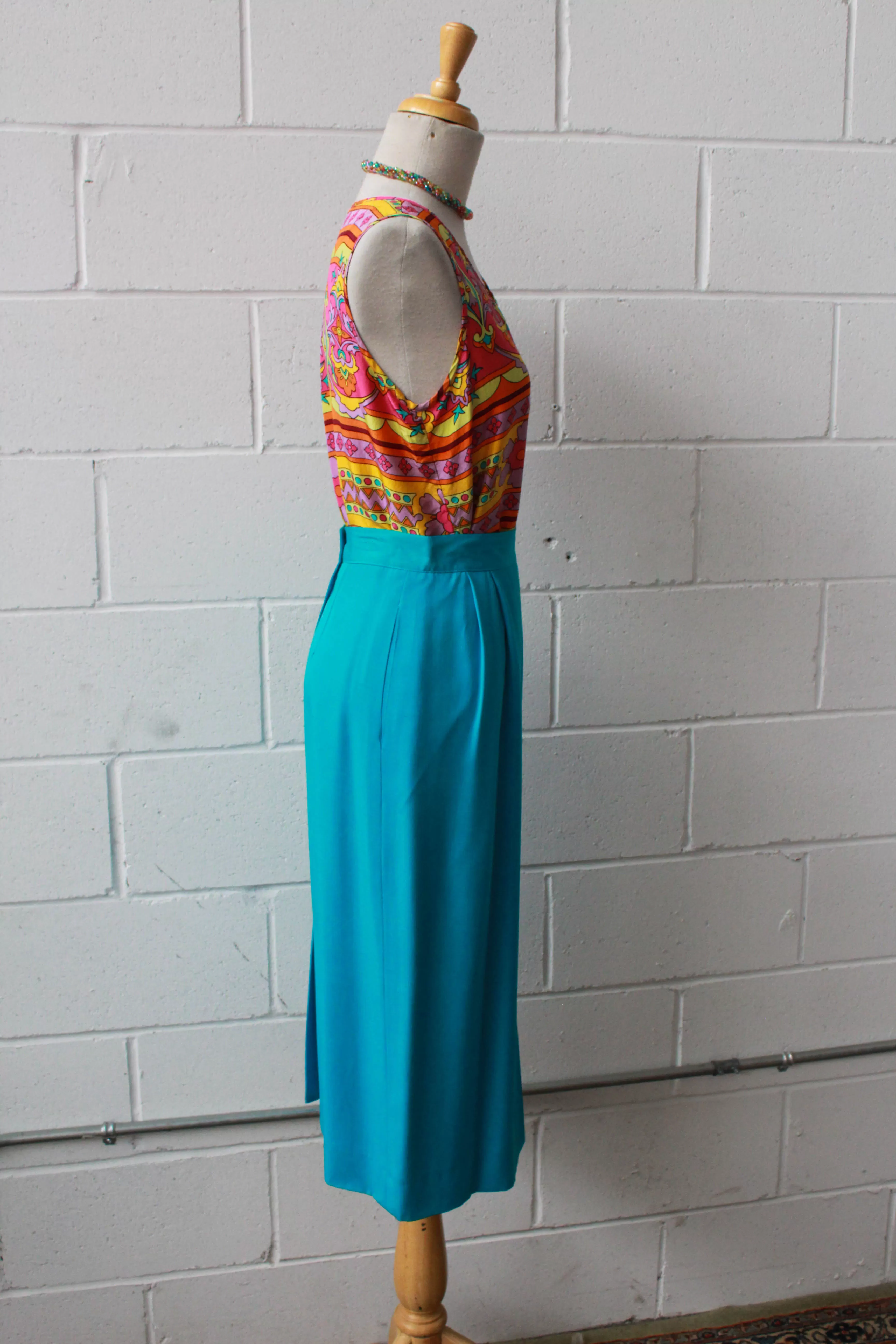 80s Turquoise Blue Midi Skirt, Waist 26"