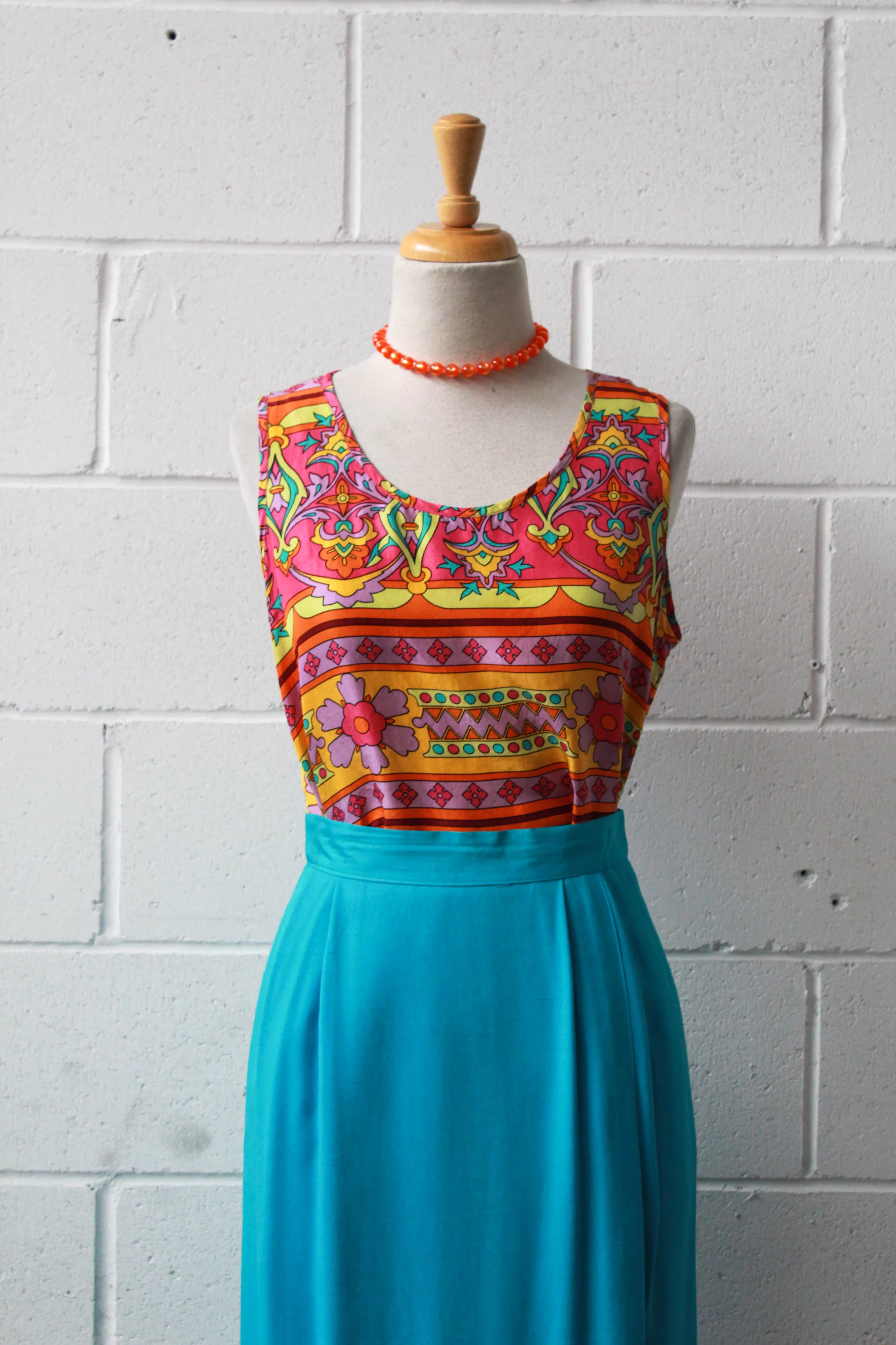 80s Turquoise Blue Midi Skirt, Waist 26"