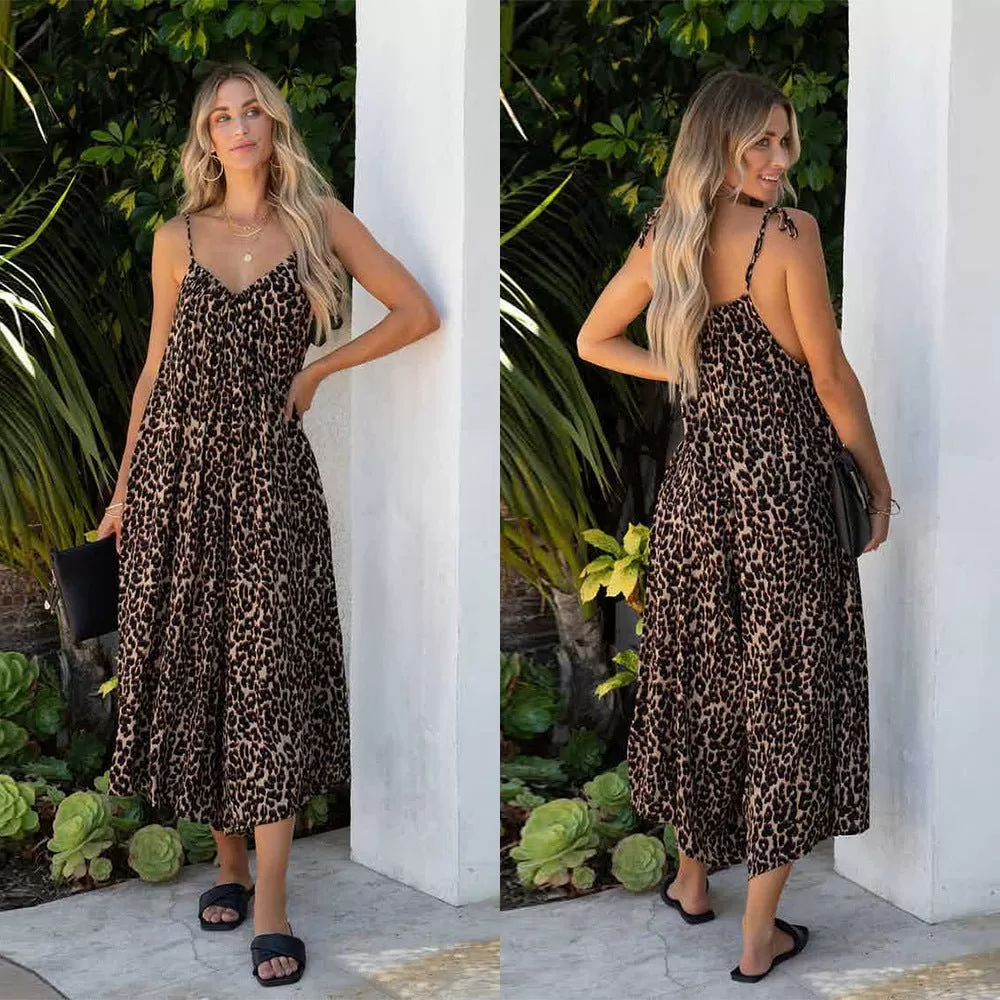 Animal print Midi Dress with Spaghetti Straps