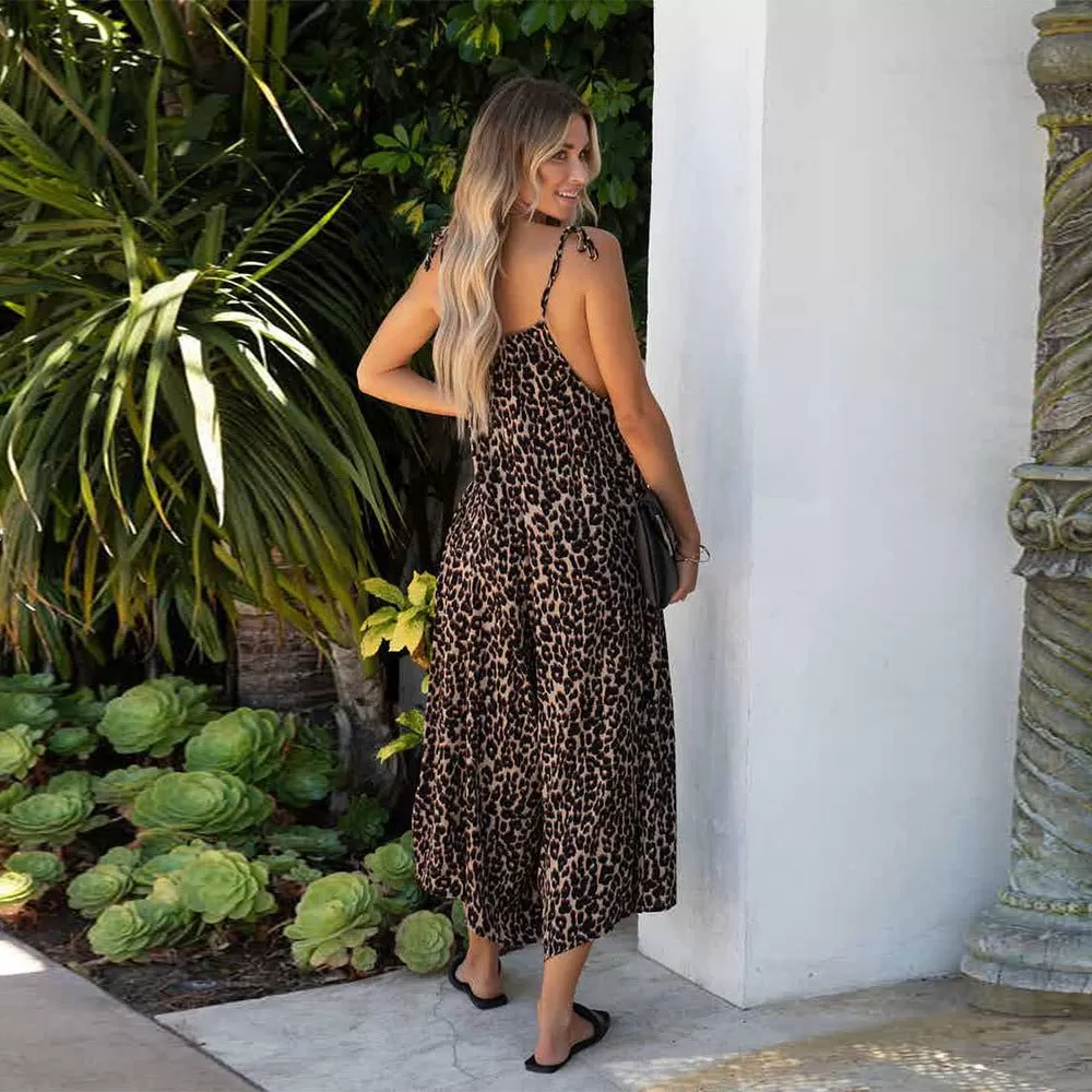 Animal print Midi Dress with Spaghetti Straps