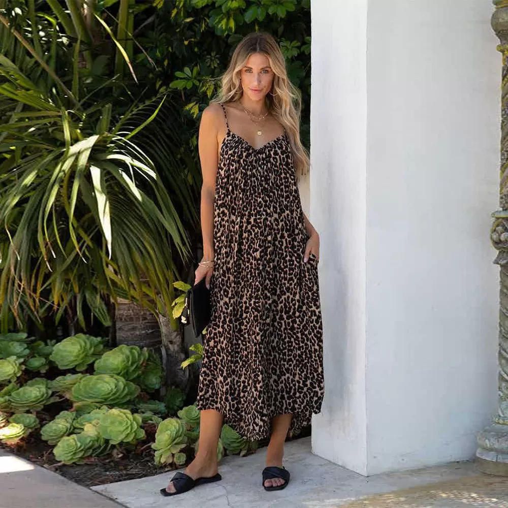 Animal print Midi Dress with Spaghetti Straps