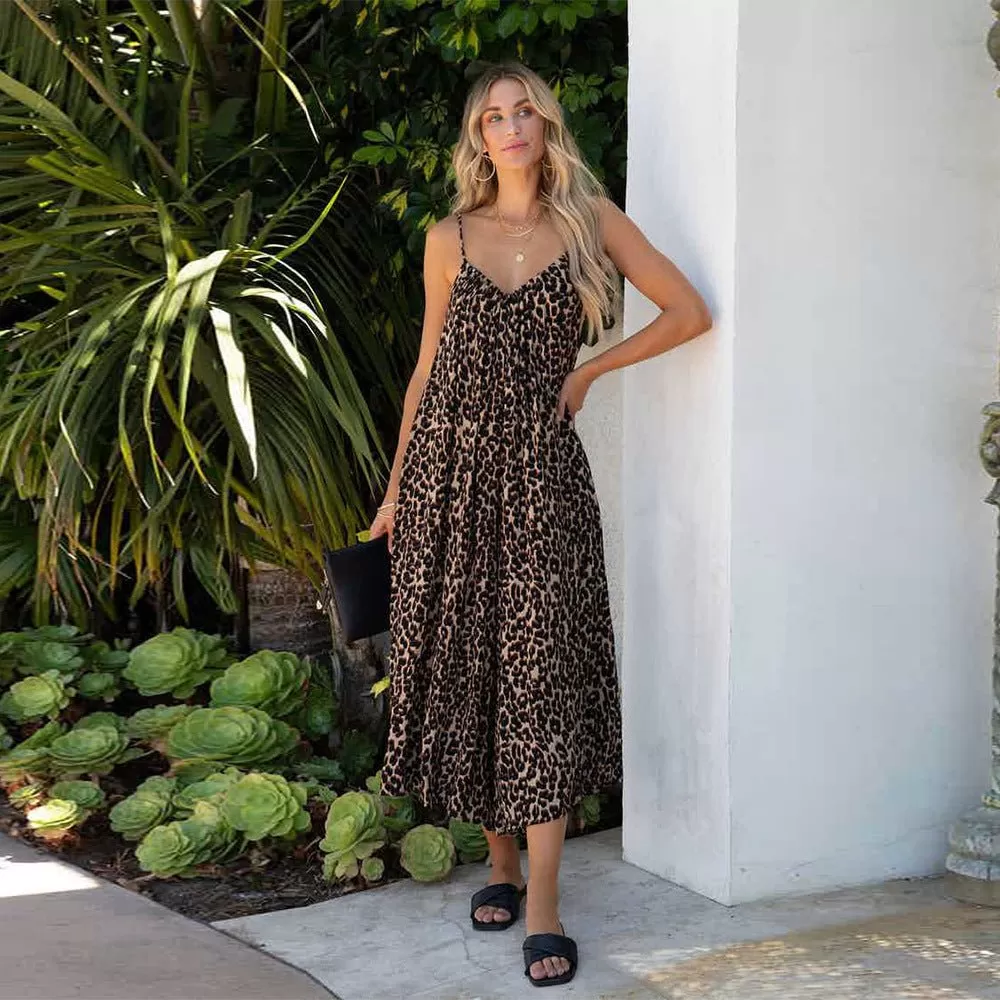 Animal print Midi Dress with Spaghetti Straps