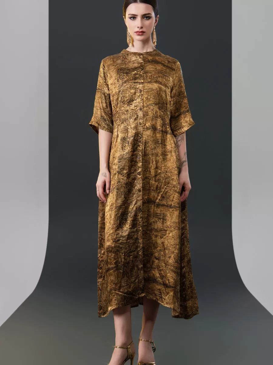 Antique Gold Button-Front Midi Dress