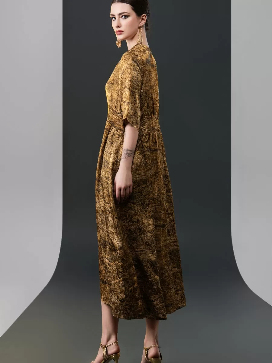 Antique Gold Button-Front Midi Dress