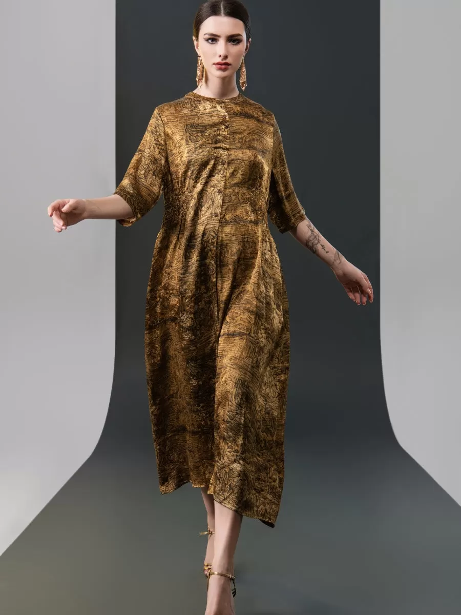 Antique Gold Button-Front Midi Dress