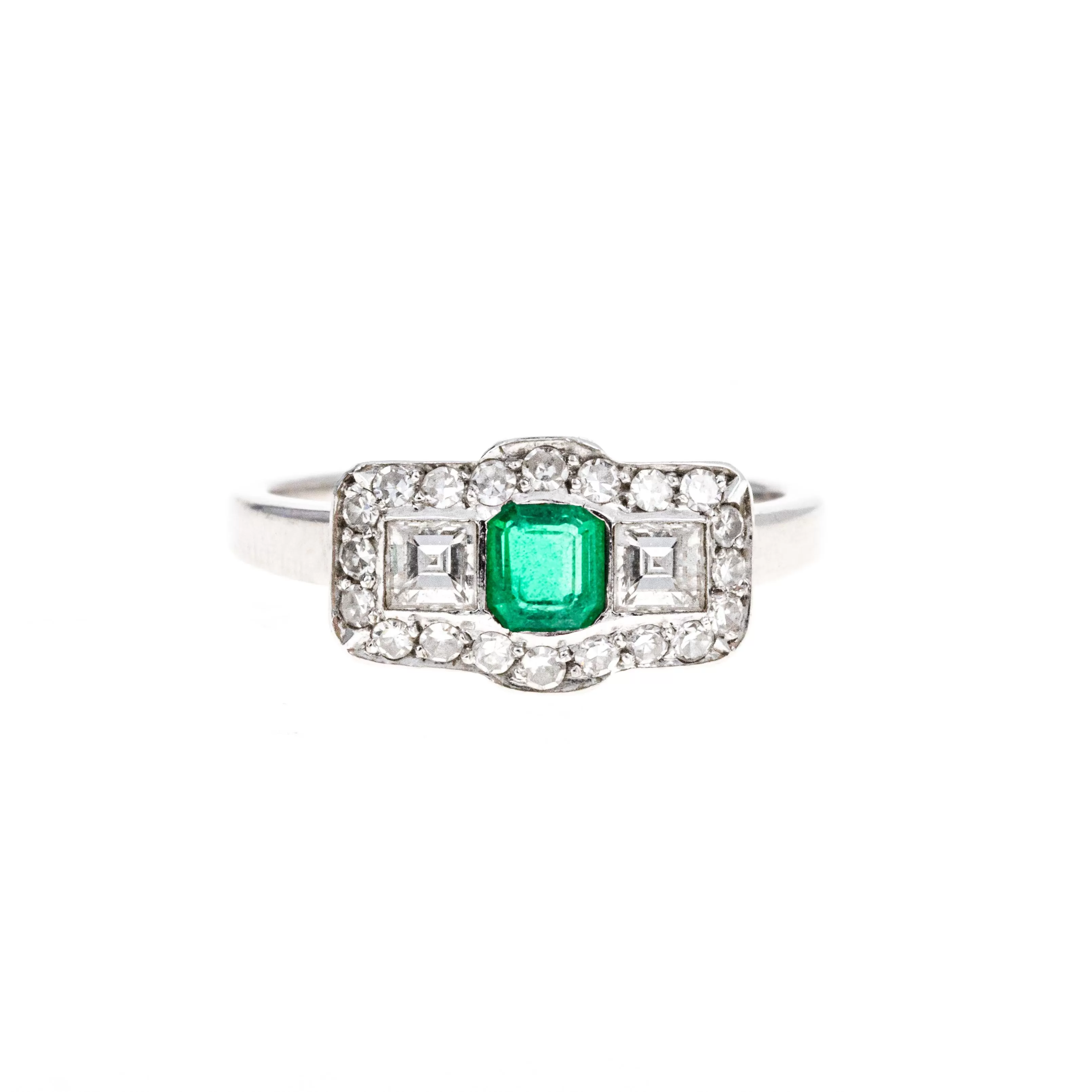 Art Deco 0.25 Carat Natural Emerald Asscher Diamond Ring in 14K White Gold