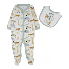 Baby Kiss 2 Pc Footed Sleeper & Bibs Set - Little Wild One