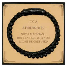 Badass Firefighter Gifts, I'm Firefighter not a magician, Sarcastic Stone Leather Bracelets for Firefighter Birthday Christmas for  Men, Women, Friends, Coworkers