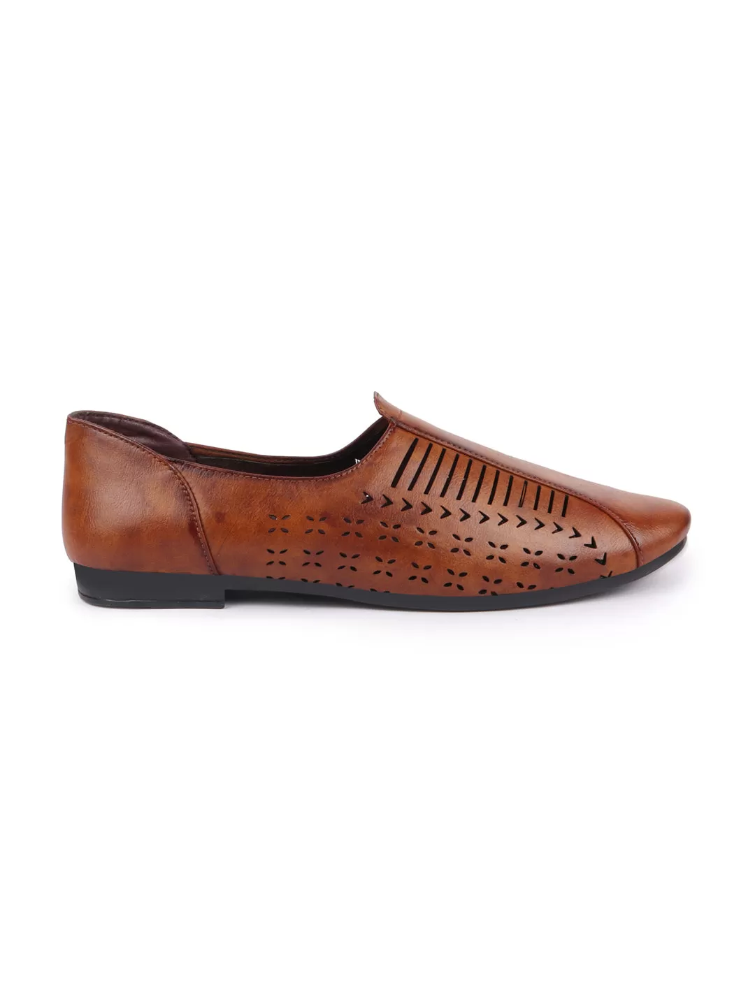 Basics Men Tan Laser Cut Design Stitched Ethnic Juttis and Mojaris