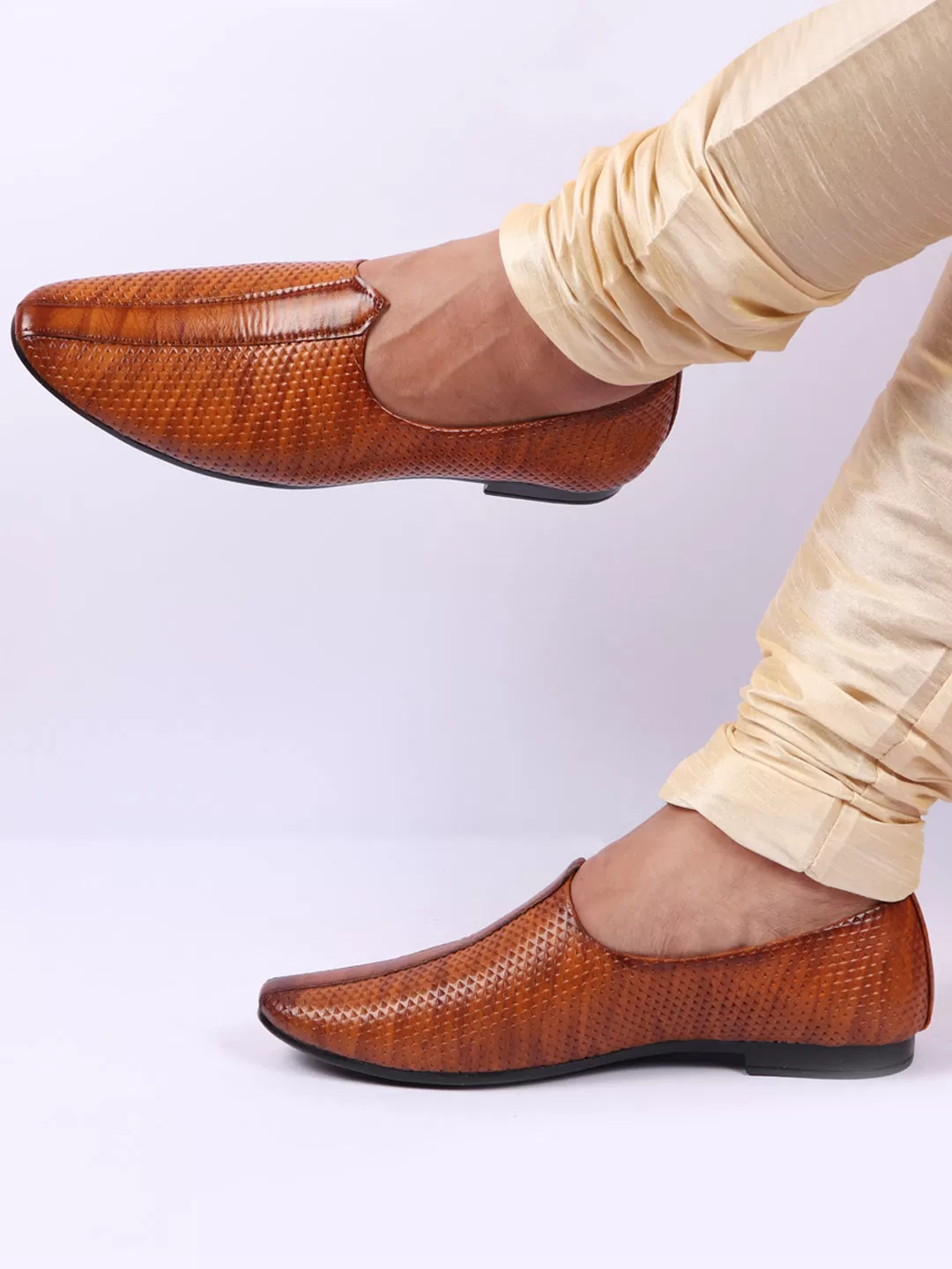 Basics Men Tan Textured Design Ethnic Juttis and Mojaris