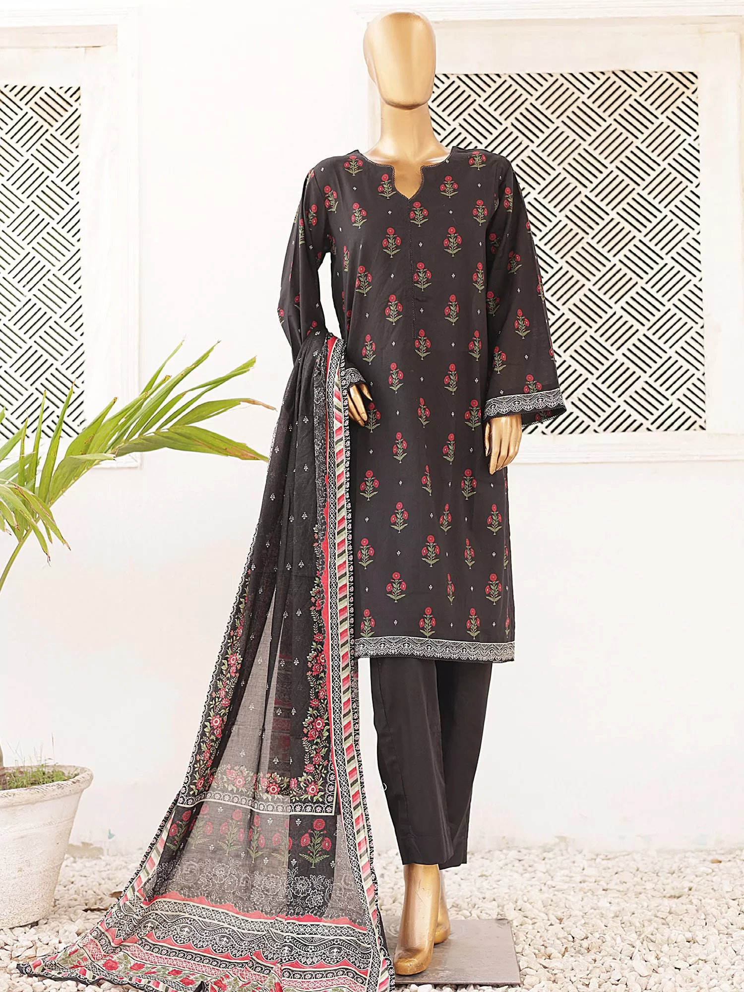 Bin Saeed Printed Lawn 3-Piece Suit - Black