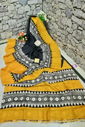 Black and Yellow Color Bishnupur Silk Saree with Hand Block Print