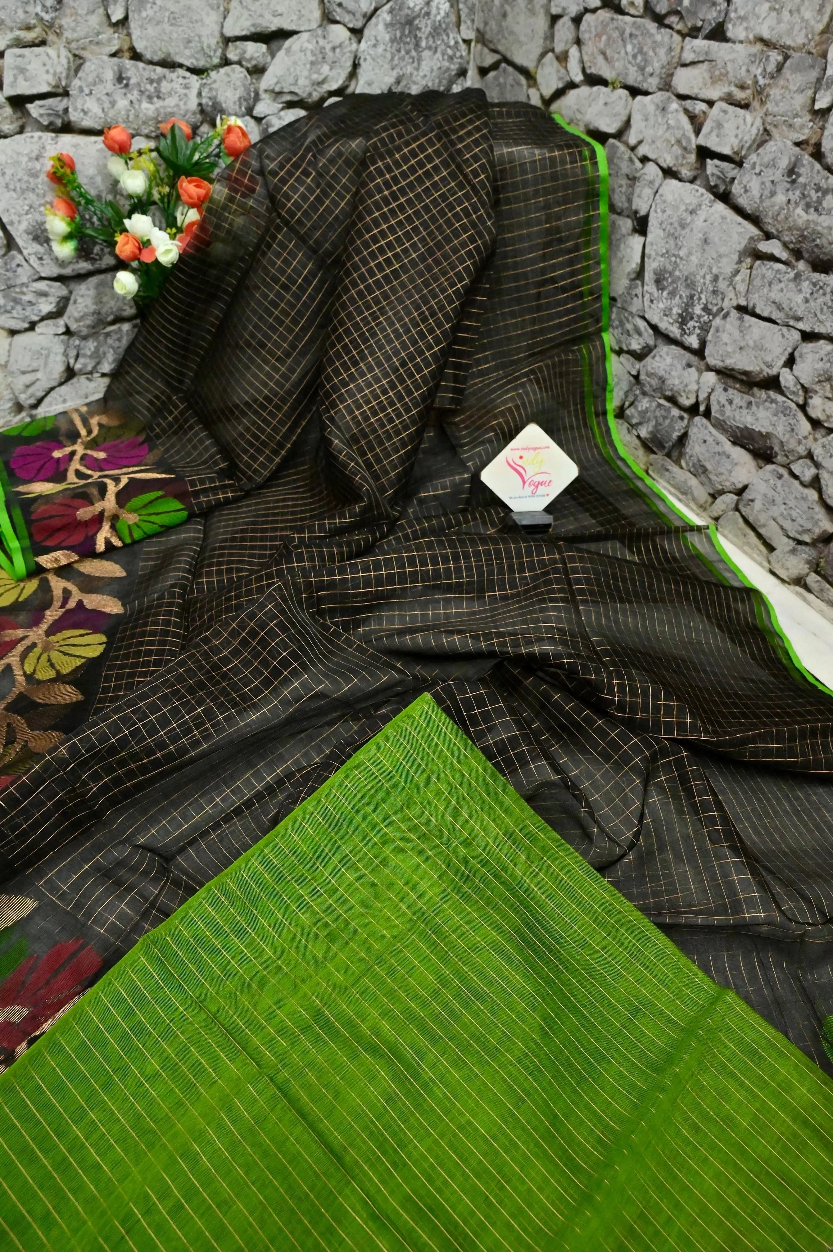 Black Color Muslin Jamdani Saree with Jamdani Weaving and Zari Check Work