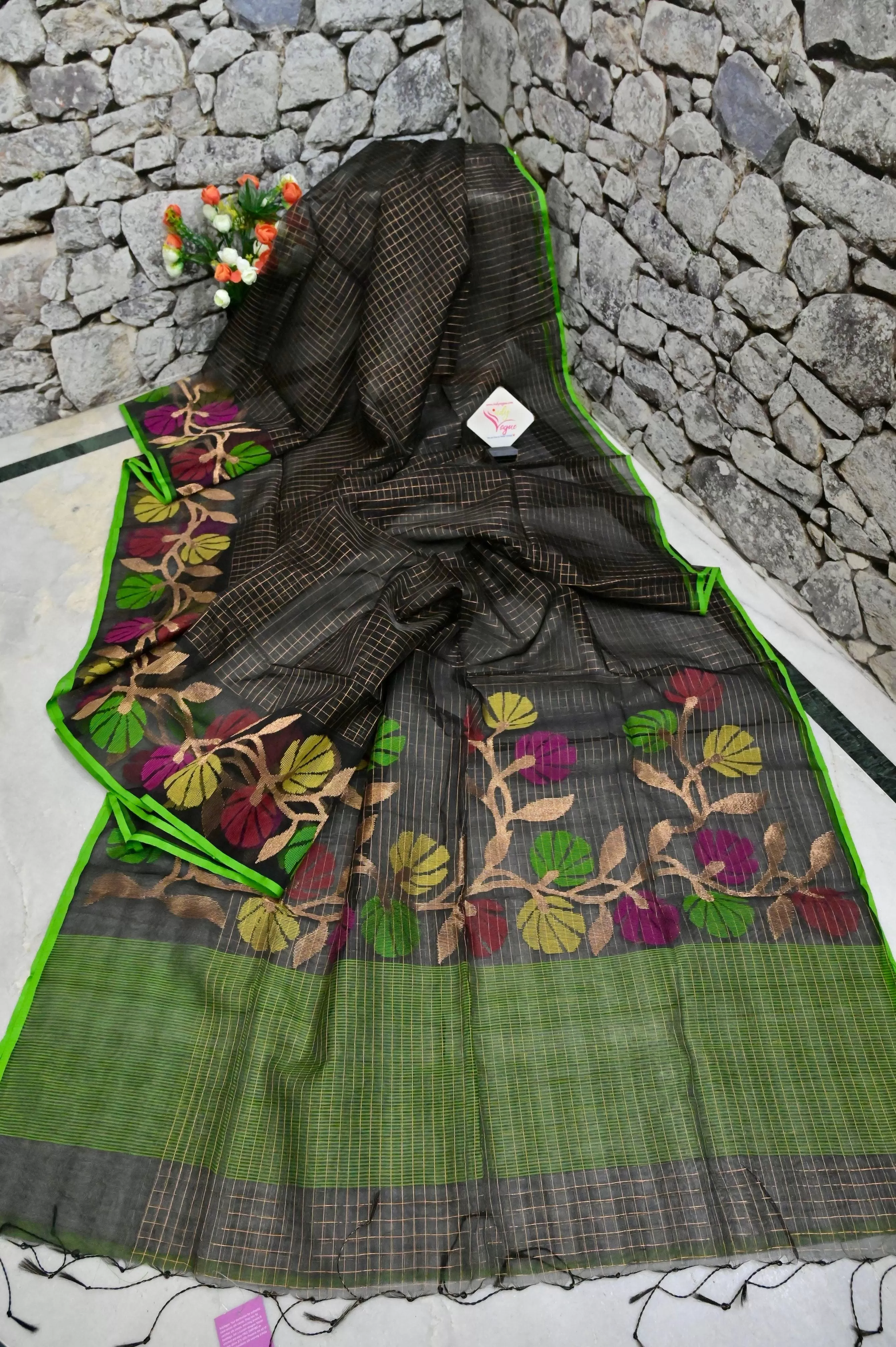 Black Color Muslin Jamdani Saree with Jamdani Weaving and Zari Check Work