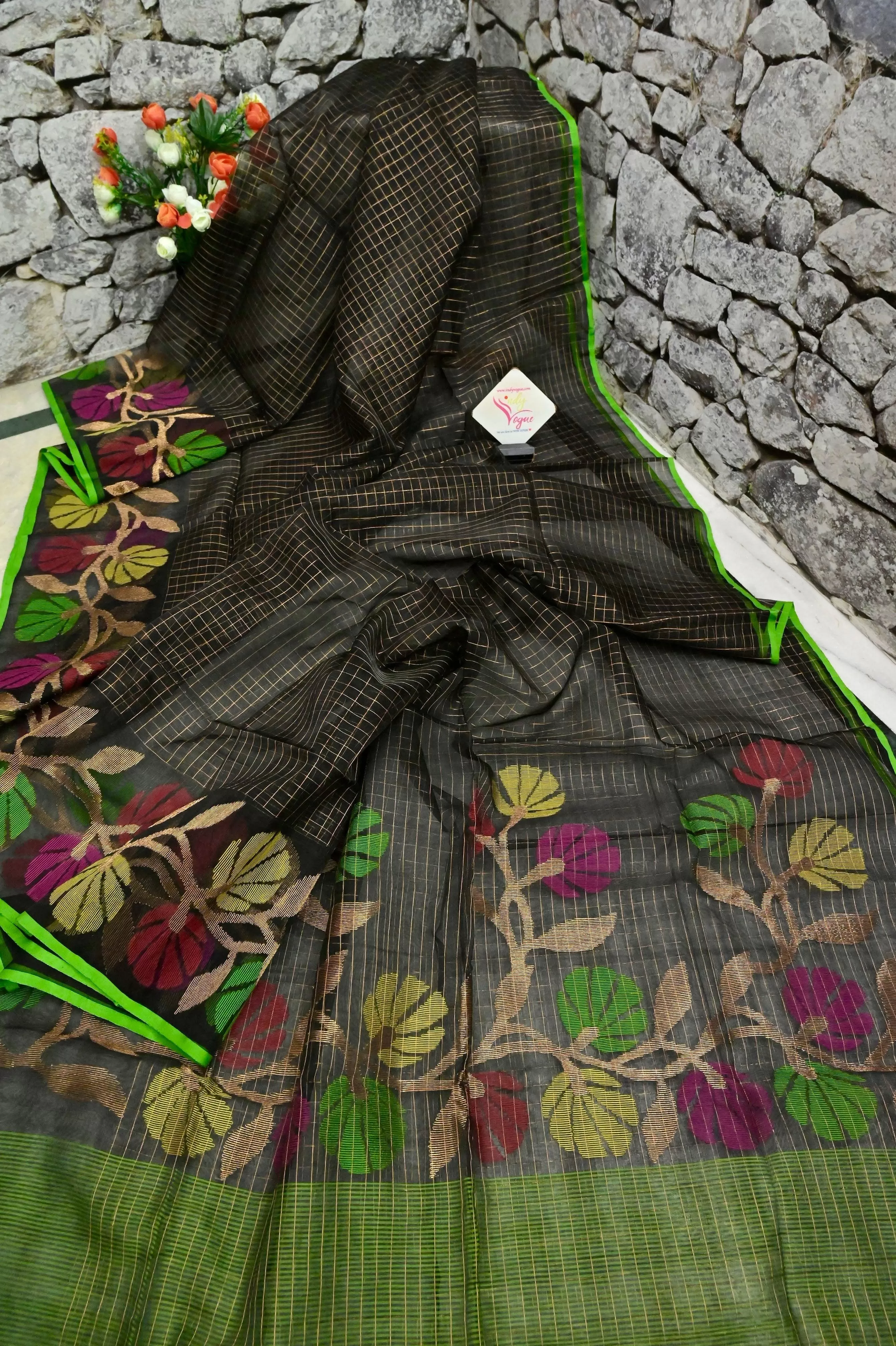 Black Color Muslin Jamdani Saree with Jamdani Weaving and Zari Check Work