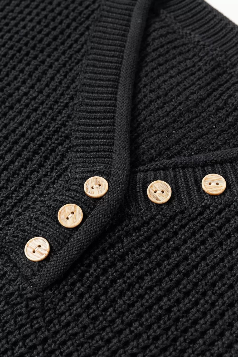 Black Pointelle Knit Button V Neck Drop Shoulder Sweater