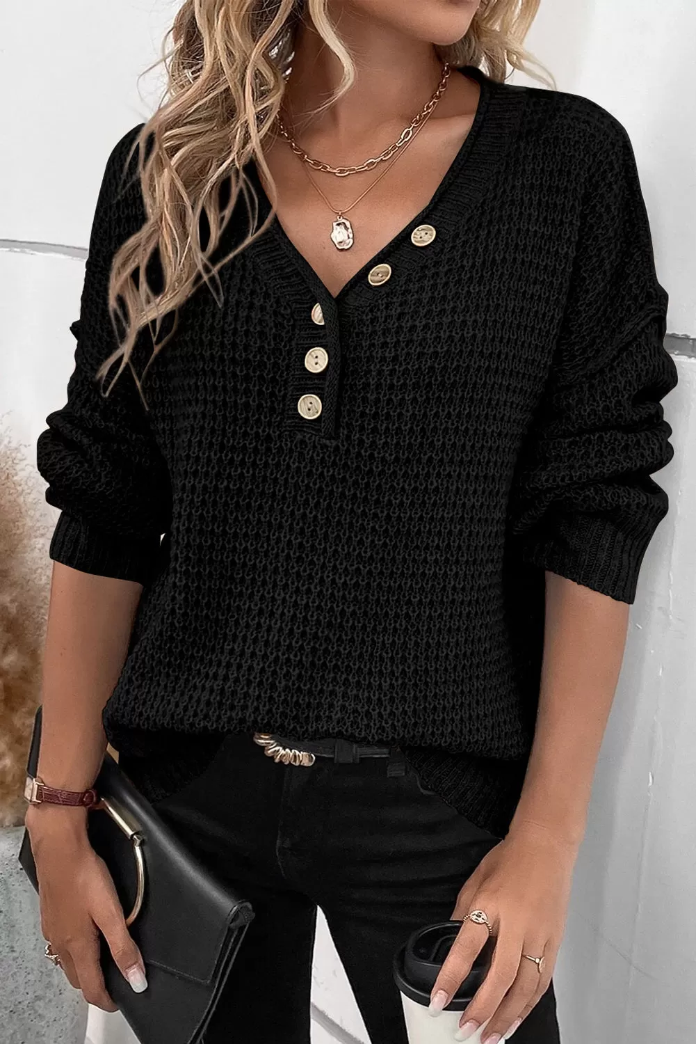 Black Pointelle Knit Button V Neck Drop Shoulder Sweater