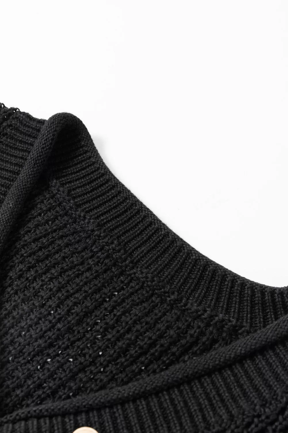 Black Pointelle Knit Button V Neck Drop Shoulder Sweater