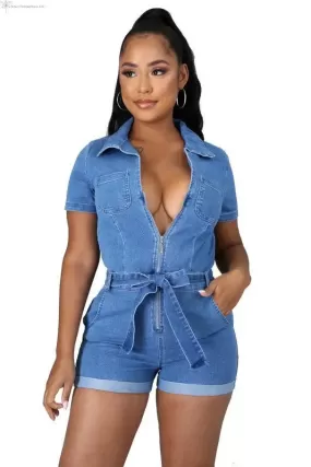 Blue Jean Romper Waist Tie