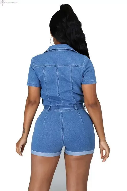 Blue Jean Romper Waist Tie