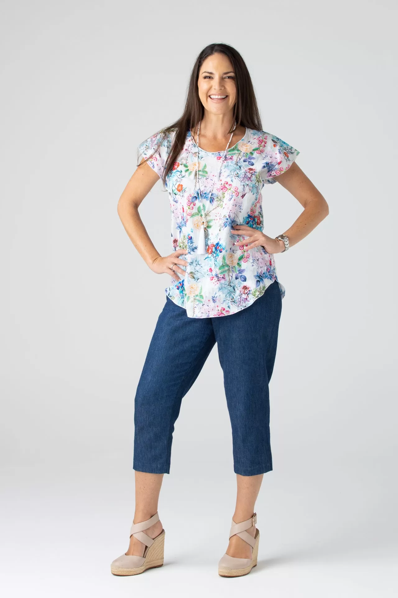 Bluebell Print Short Sleeve Non-Crush Jacquard Cotton Top