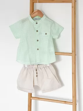 Boys Babidu Green Gingham Shirt and Short Set With Pocket Detail