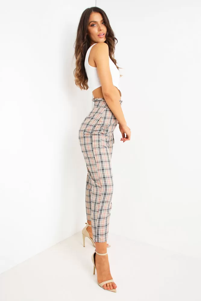 Brown Tartan Print Tailored Trousers