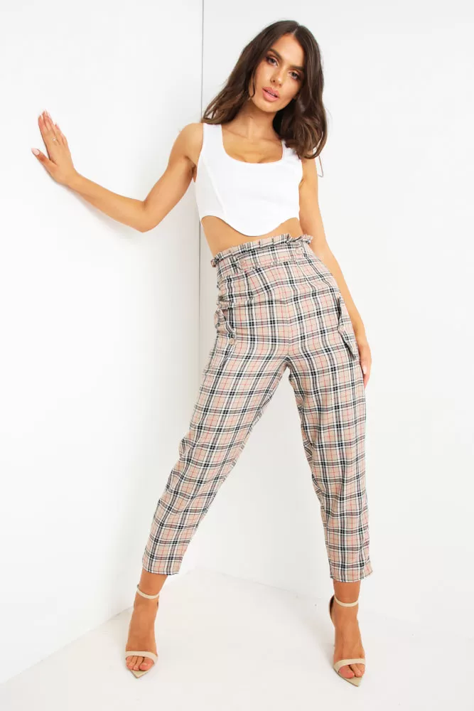 Brown Tartan Print Tailored Trousers