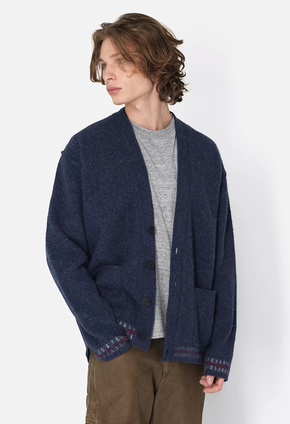 Brushed Wool Varsity Cardigan / Navy