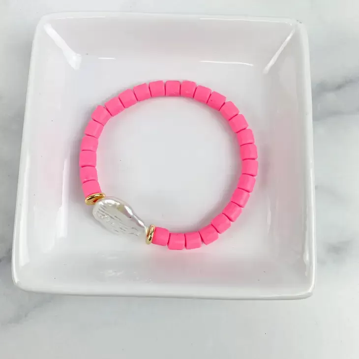 Clay Tube   FW Pearl Bracelet 6mm Hot Pink