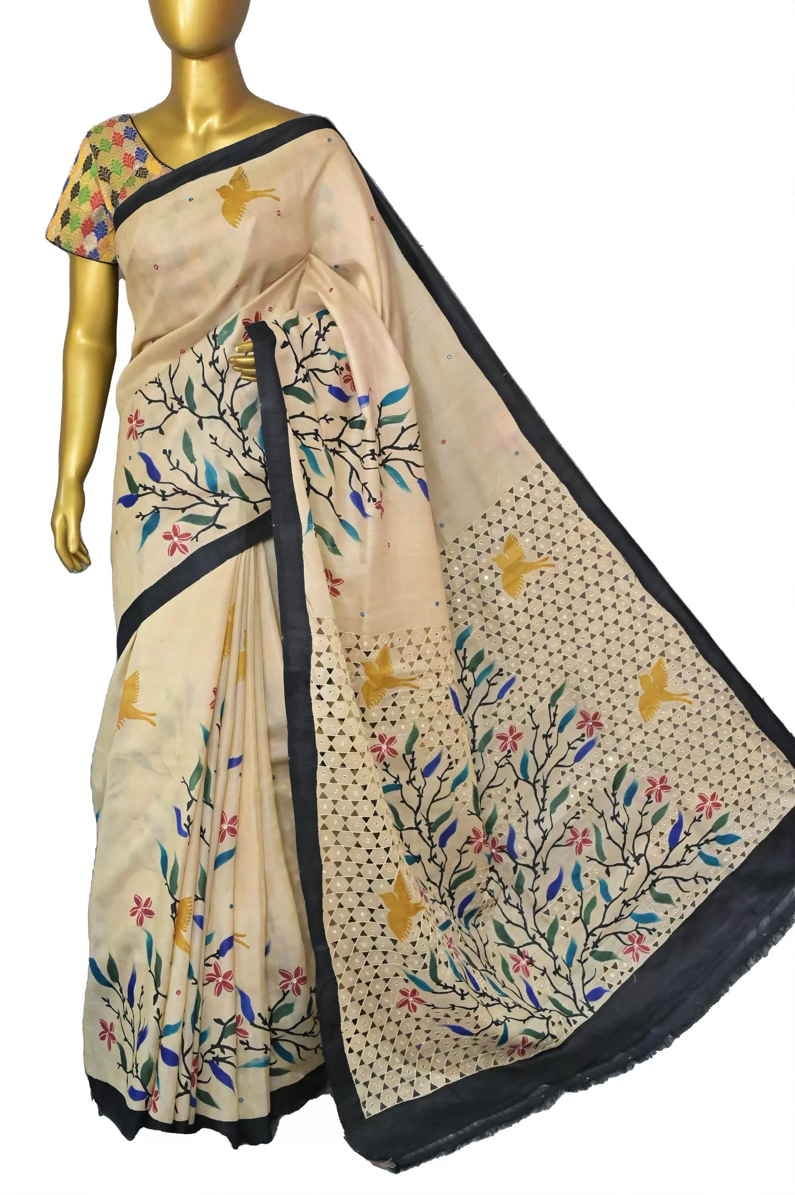 Cream Color Pure Tussar Silk Saree with Hand Print and Cutwork Pallu with Hand Mirror Work