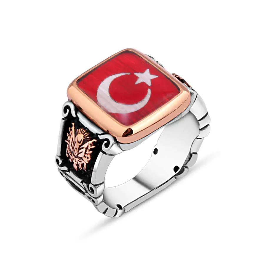 Enameled Turkish Flag Square Silver Men's Ring Siding Ottoman Coat of Arms