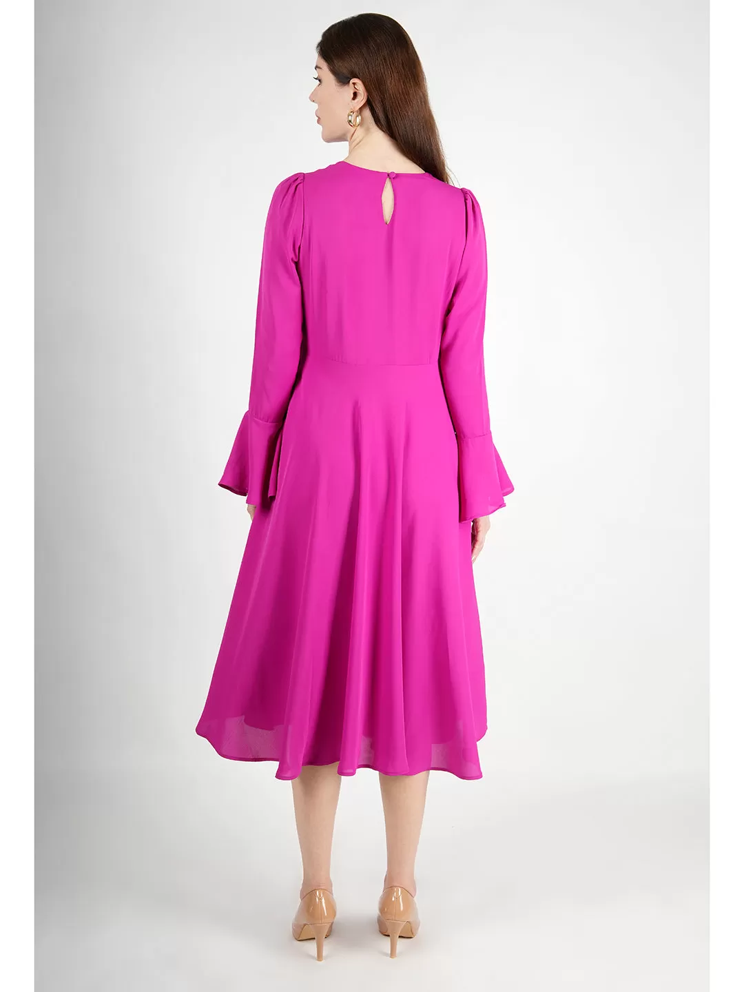 Exude Gleaming Fit & Flare Dress with Long Sleeves (Rosy Pink)