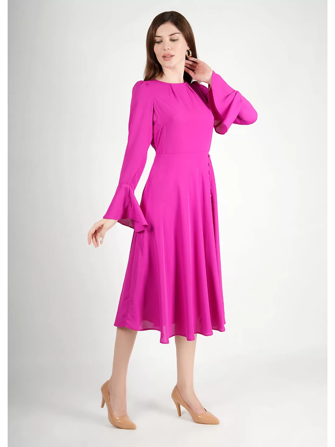 Exude Gleaming Fit & Flare Dress with Long Sleeves (Rosy Pink)