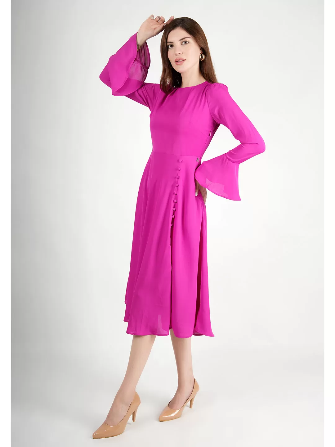 Exude Gleaming Fit & Flare Dress with Long Sleeves (Rosy Pink)