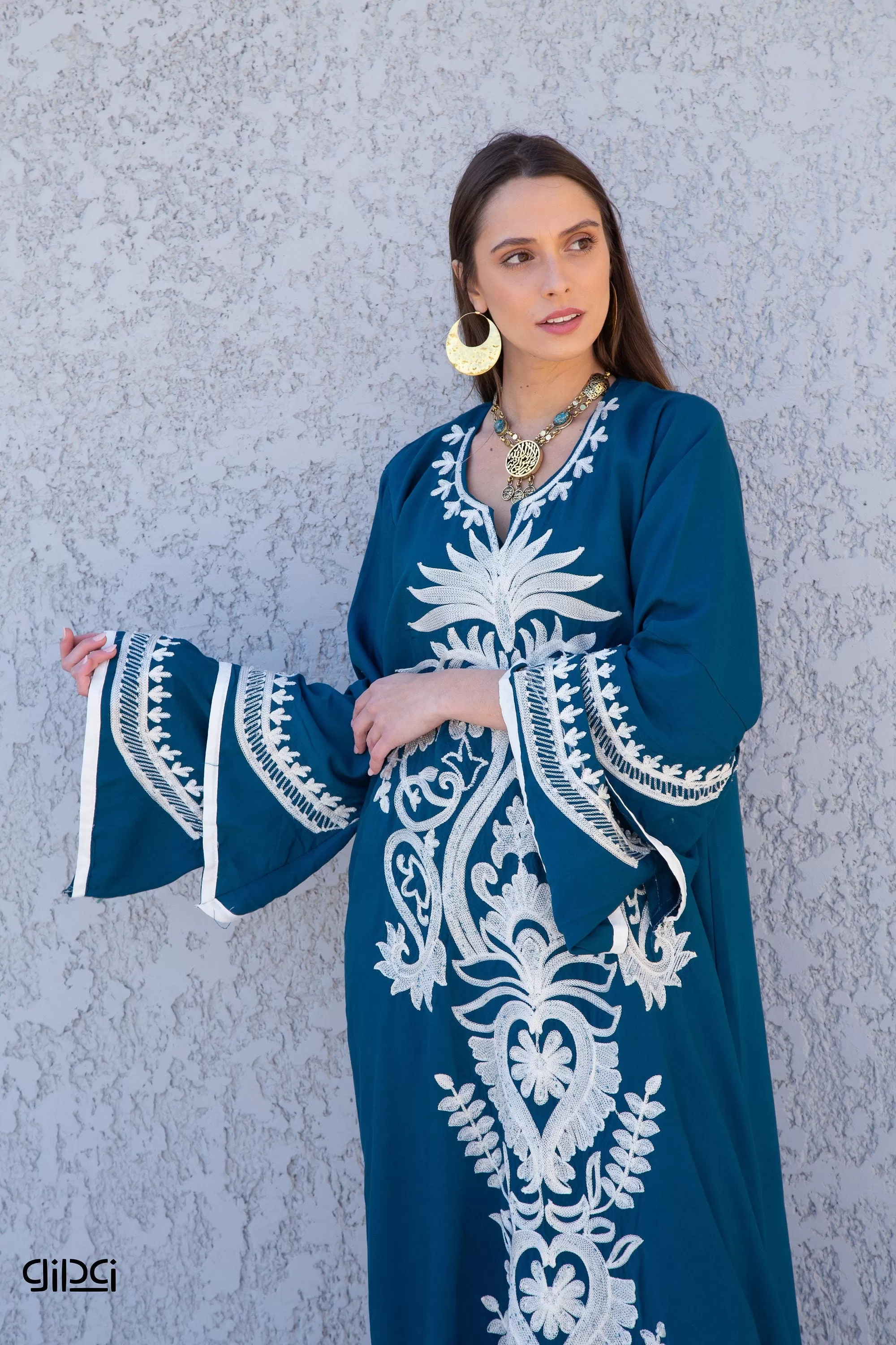 Flared sleeves blue cotton Caftan, wide sleeve caftan for women, embroidered Caftan dress, Caftan maxi dress, Caftans for women, Caftans