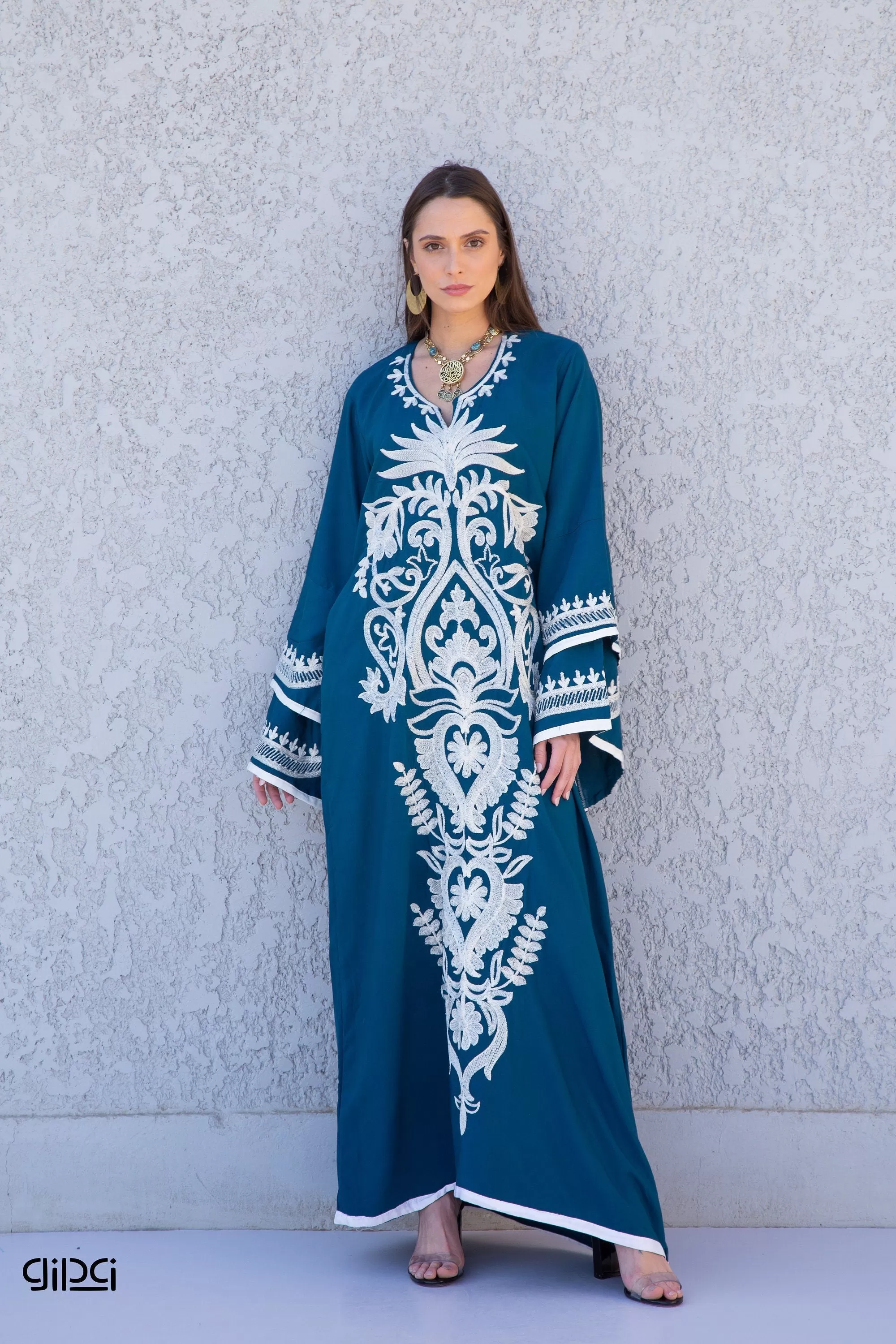 Flared sleeves blue cotton Caftan, wide sleeve caftan for women, embroidered Caftan dress, Caftan maxi dress, Caftans for women, Caftans