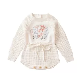 Flower Embroidery Girls Knit Romper