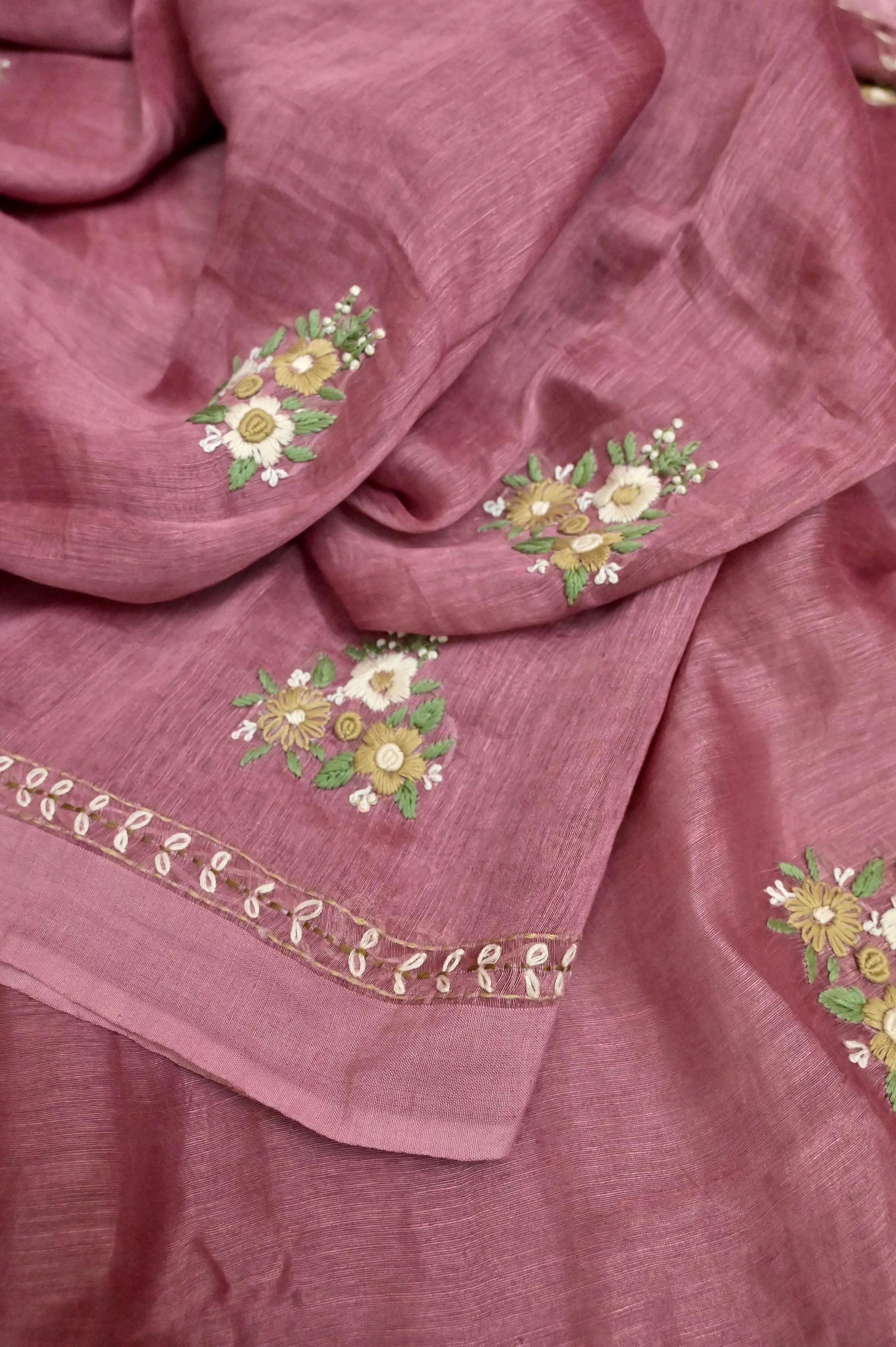 French Onion Color Silk Linen with hand Parsi Embroidery and Kantha Stitch