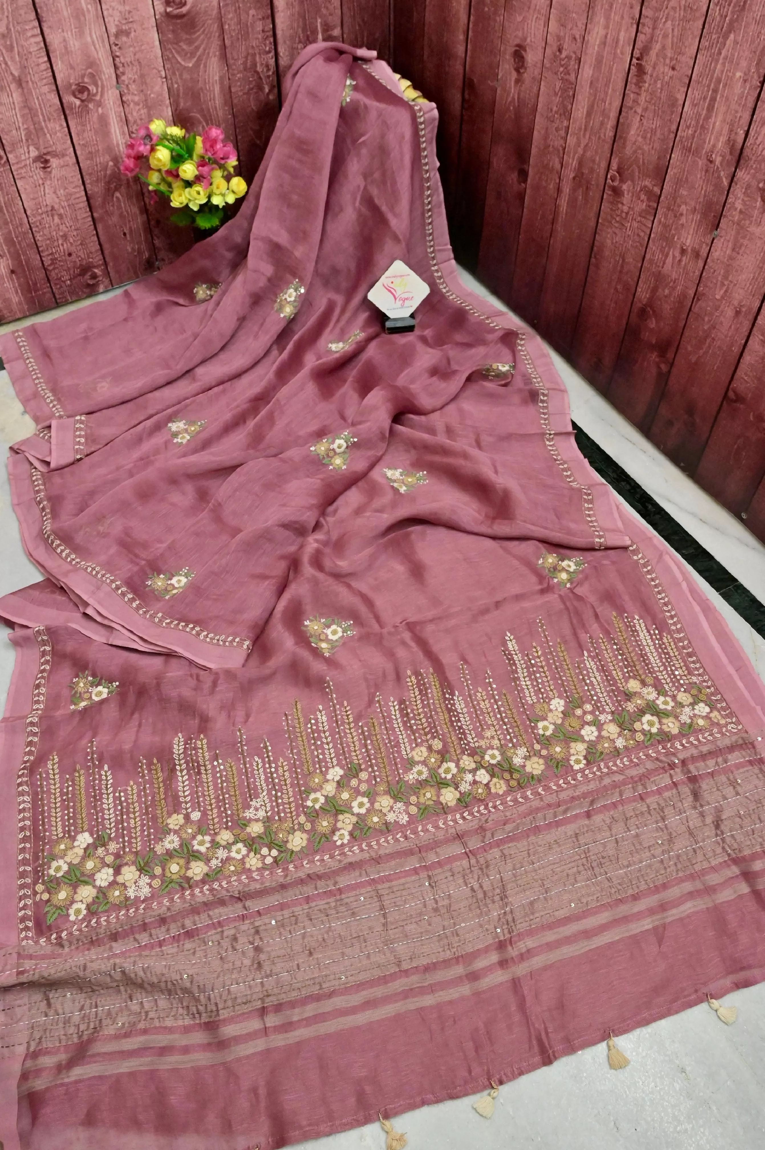 French Onion Color Silk Linen with hand Parsi Embroidery and Kantha Stitch