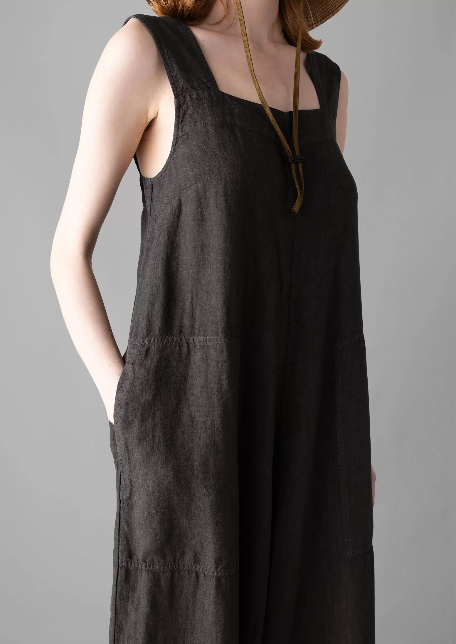 Garment Dyed Linen Pinafore Jumpsuit | Black Coffee