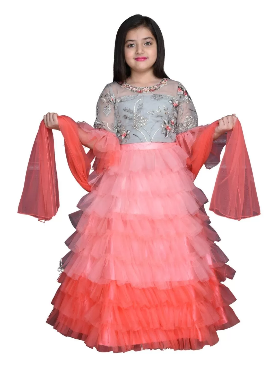 Girls Tomato & Grey Embroidered Ready to Wear Lehenga & Blouse With Dupatta For Girls